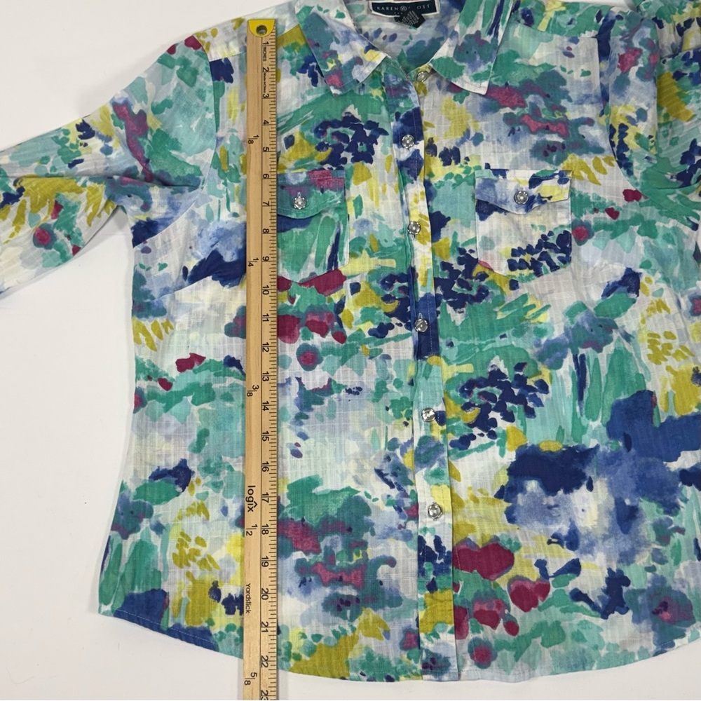 Watercolor Floral Karen Scott Petite Cotton Button Front Top Size LP Large Petit - Picture 5 of 8